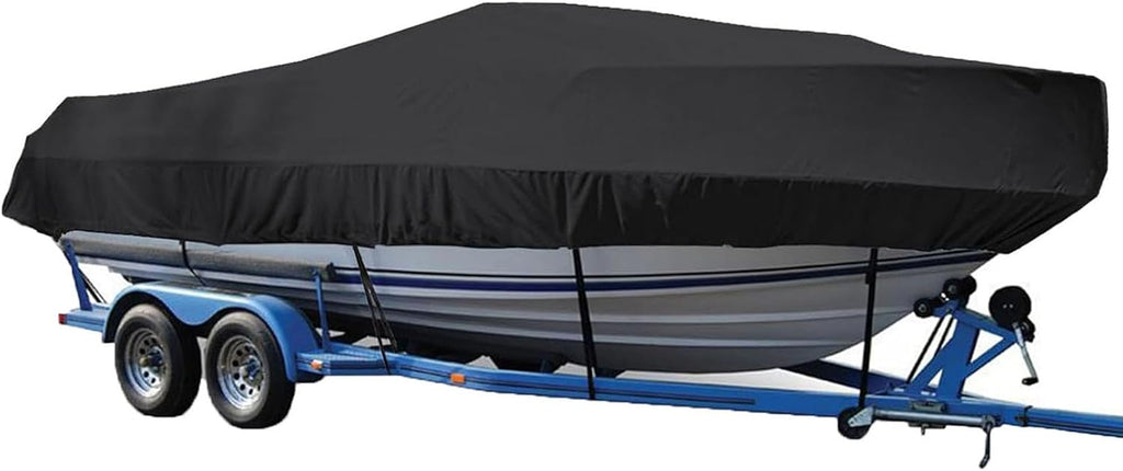 Waterproof Heavy Duty Boat Cover, 210D Marine Grade Oxford Cloth All-Weather Mooring and Trailering Boat Cover Fits V-Hull, Tri-Hull, Runabout Boat, Bass Boat
