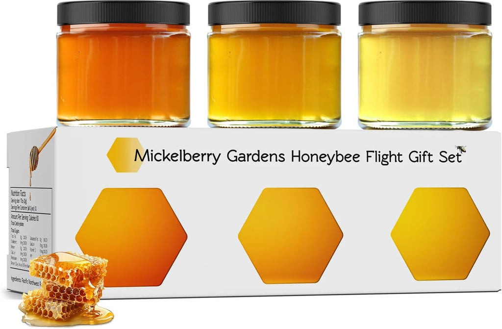 Mickelberry Gardens Honeybee Flight Gift Set – 3 Jar Honey Flight (3 × 3 oz) Featuring Wildflower & Blackberry Honeys – Pure, Local, Raw, Ready to Gift – Made in the USA