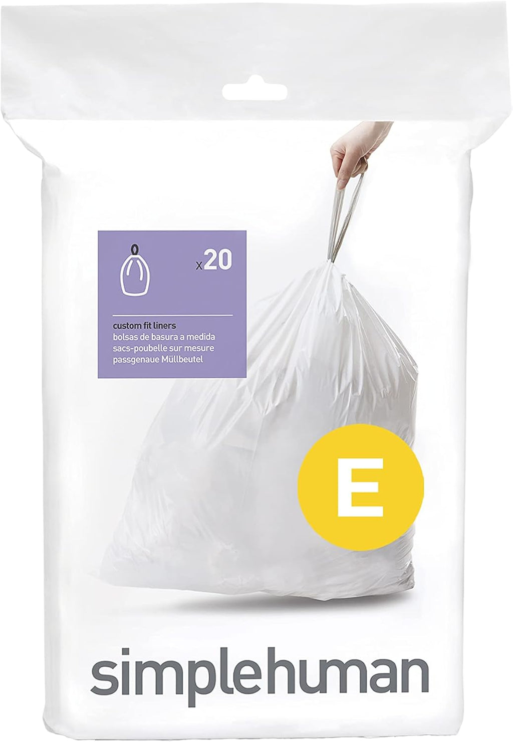 simplehuman Code E 20 Count, Genuine Custom Fit Liners, Drawstring Trash Bags in Dispenser Packs, 20 Count, 20 Liter / 5.3 Gallon, White