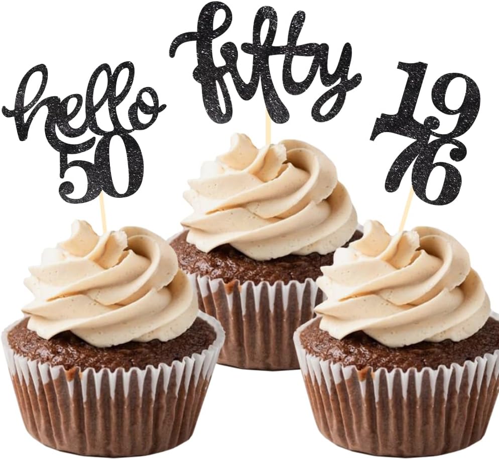 24 Pcs Black Glitter 50th Birthday Cupcake Toppers for 50th Birthday Celebrating Party Decorations
