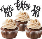 24 Pcs Black Glitter 50th Birthday Cupcake Toppers for 50th Birthday Celebrating Party Decorations
