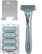 AOA Men's 6 Blade Razor Kit 7pcs in Kit Including 1pc Handle 5pcs Swedish Six-Blade Heads 1pc Stainless Steel Shower Hook Lubricating Aloe Vitamin E Strip for Comfortable Close Shave