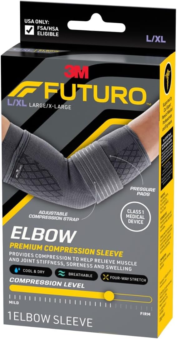 FUTURO™ Premium Compression Elbow Sleeve, with Wrap-Around Strap and Two Gel Pressure Pads, for Mild Tendonitis, Golfer’s Elbow, Tennis Elbow, Swelling, Sprains, and Strains, Large/XLarge