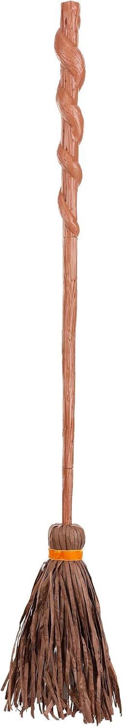 Spiral Witch Broom for Halloween - 3 Piece Plastic Broomstick with Raffia and Poly Wrap, 52 Inches - Brown