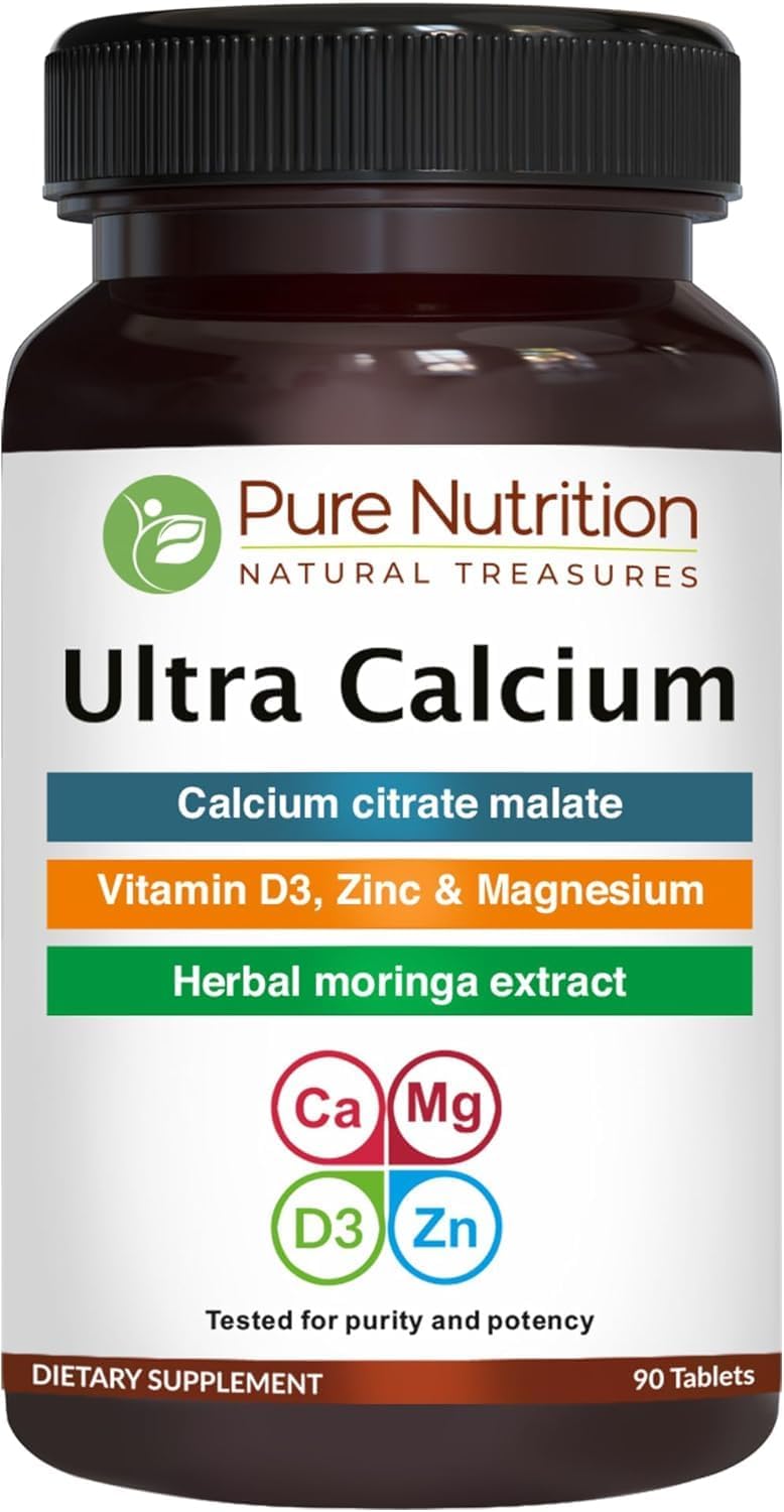 Pure Nutrition Ultra Calcium 1000mg with VIT D3 + K2 | 90 Tab | Calcium Supplement with Calcium Citrate Malate, VIT D3, K2, Moringa Oleifera, Magnesium and Zinc.