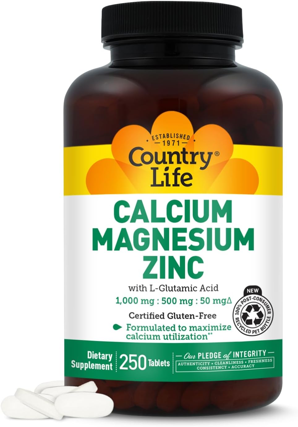 Country Life Calcium Magnesium Zinc with L-Glutamic Acid, Dietary Supplement for Bone Support, Certified Gluten Free , 1000mg/500mg/50mg, 250 Tablets