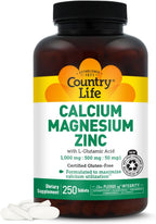 Country Life Calcium Magnesium Zinc with L-Glutamic Acid, Dietary Supplement for Bone Support, Certified Gluten Free , 1000mg/500mg/50mg, 250 Tablets
