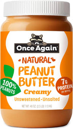 Once Again Creamy Natural Peanut Butter, No Salt or Sugar Added - Large 2.5 Pound Jar - Single Ingredient, Unsalted, Sugar Free Peanut Butter, No Palm Oil - Smooth and Unsweetened - 1 Jar (40 oz)