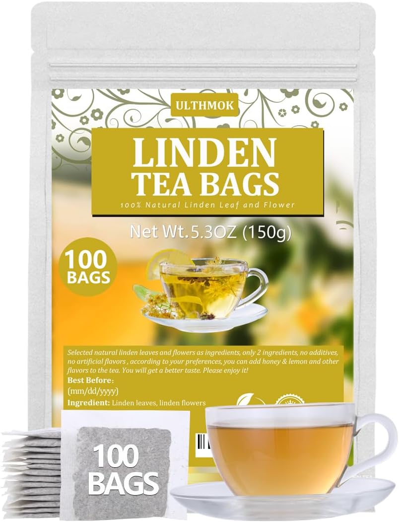 Premium 100 Linden Tea Bags, Made with 100% Natural Linden Tilo Leaves & Flowers, Support Respiratory & Boost Immune System, Caffeine Free.