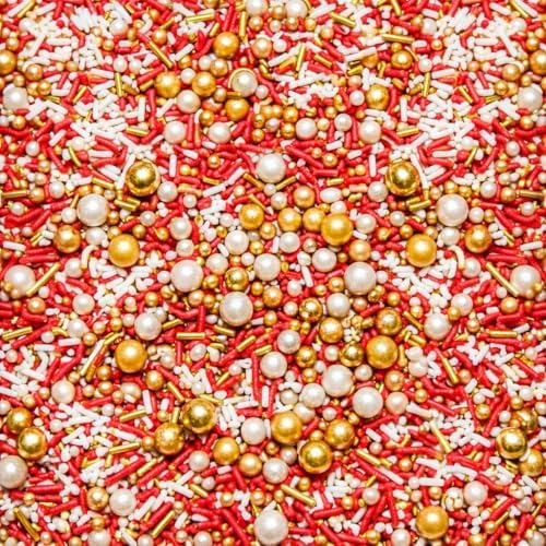 Confect Red, White & GRed White Gold Sprinkle Mix – Bake Stable Non Bleeding Edible Pearls & Metallic Dragees for Cake Decorating, Cupcakes, Cookies & Desserts (4.2 oz)
