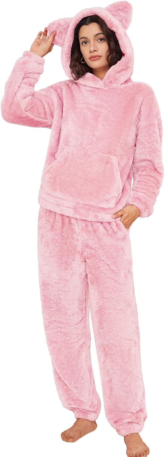 Flygo Women's Fluffy Pajamas Sets Fleece Loungewear Pullover Bear Ear Fuzzy Hoodie Plush Pants 2 Piece Sleepwear with Pockets