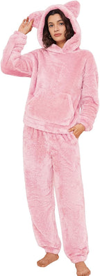 Flygo Women's Fluffy Pajamas Sets Fleece Loungewear Pullover Bear Ear Fuzzy Hoodie Plush Pants 2 Piece Sleepwear with Pockets