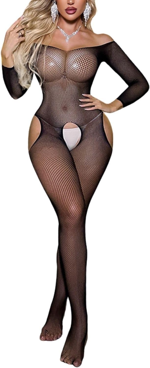 ROSVAJFY Women’s BodyStocking Sexy Mesh Fishnet Long Sleeve Bodysuit One Piece Jumpsuit Lingerie Underwear Tights Nightwear