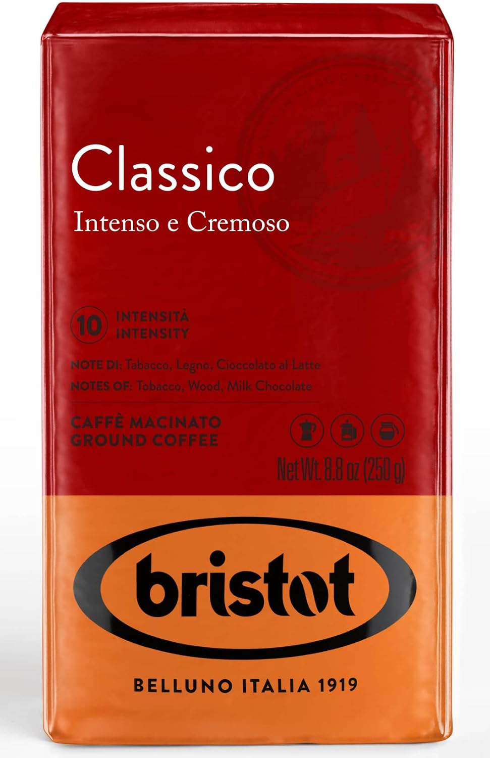 Bristot Classico Ground Espresso – Intense & Creamy Medium Roast Italian Coffee – For Moka, French Press & Pour Over – 8.8 oz (250g)