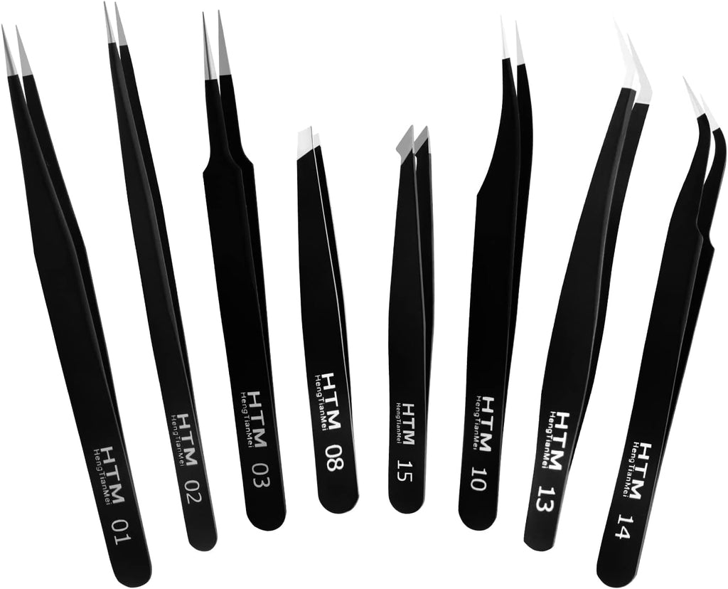 HengTianMei 8Pcs lash tweezers 3 Stainless Straight and 3 Curved Tip Eyelash Tweezers, With 2 Slant Pointed Precision Eyebrows Tweezers for eyelash extensions, Facial Hair, and Ingrown Hair Removal