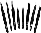 HengTianMei 8Pcs lash tweezers 3 Stainless Straight and 3 Curved Tip Eyelash Tweezers, With 2 Slant Pointed Precision Eyebrows Tweezers for eyelash extensions, Facial Hair, and Ingrown Hair Removal
