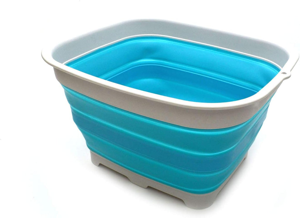 SAMMART 15L (3.9 Gallon) Collapsible Plastic Dishpan with Draining Plug - Foldable Washing Basin - Dish Washing Tub - Washing Up Bowl - Space Saving Kitchen Storage Tray (1, Bright Blue)