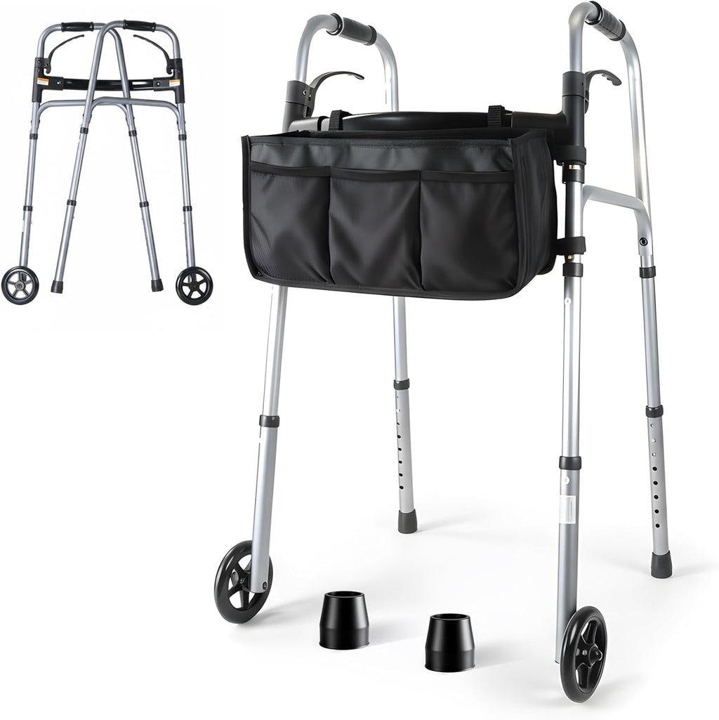 Folding Walkers for Seniors with Basket: Standard Walkers for Seniors Lightweight Portable Walker Adjustable Height Standard Upright Walker for Elderly Disabled Bariatric (Sliver + Black)
