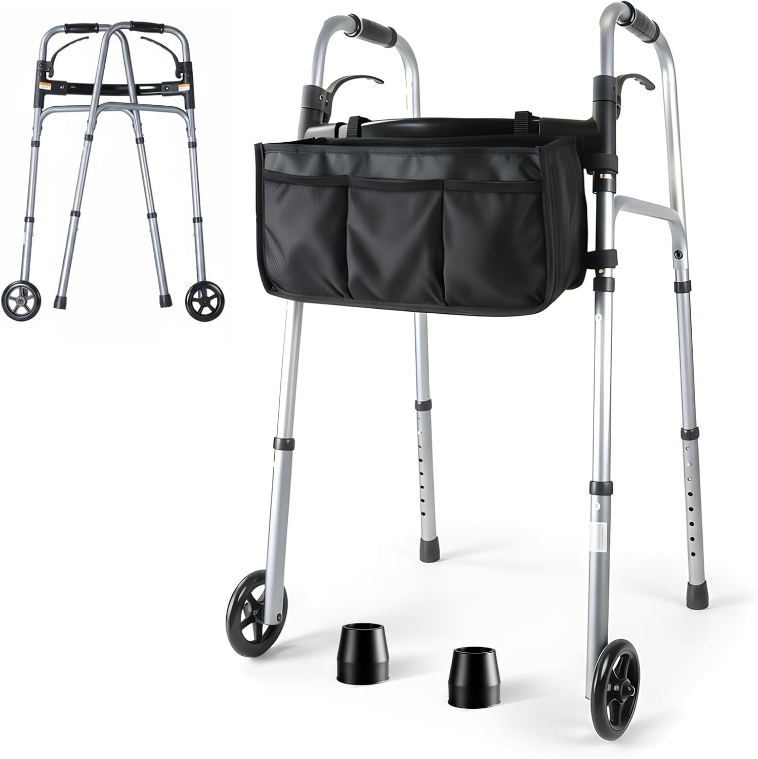 Folding Walkers for Seniors with Basket: Standard Walkers for Seniors Lightweight Portable Walker Adjustable Height Standard Upright Walker for Elderly Disabled Bariatric (Sliver + Black)