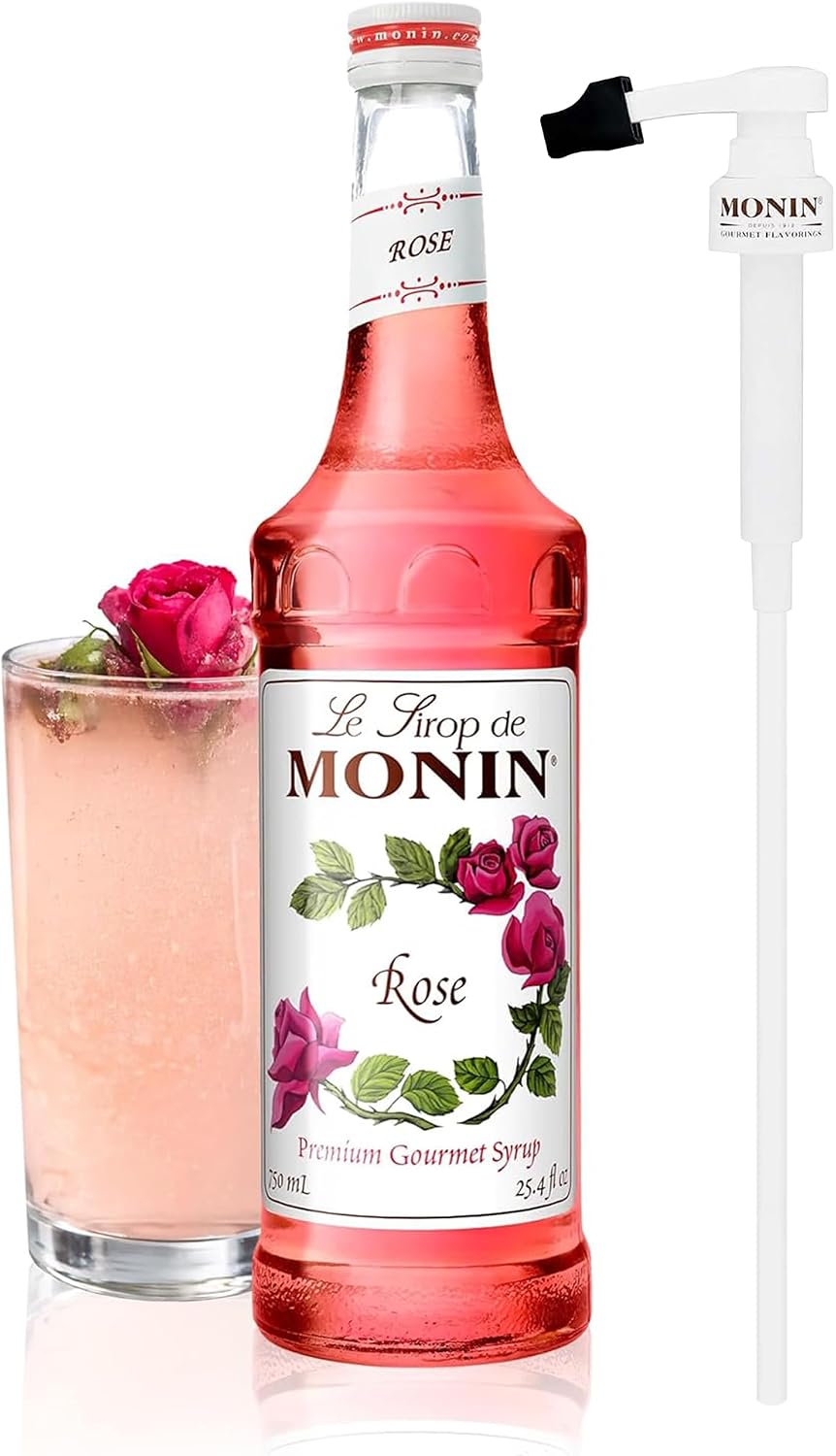 Monin - Rose Syrup with Monin BPA Free Pump, Boxed, Elegant and Subtle, Great for Cocktails, Mocktails, and Soda, Gluten-Free, Non-GMO (750 ml)