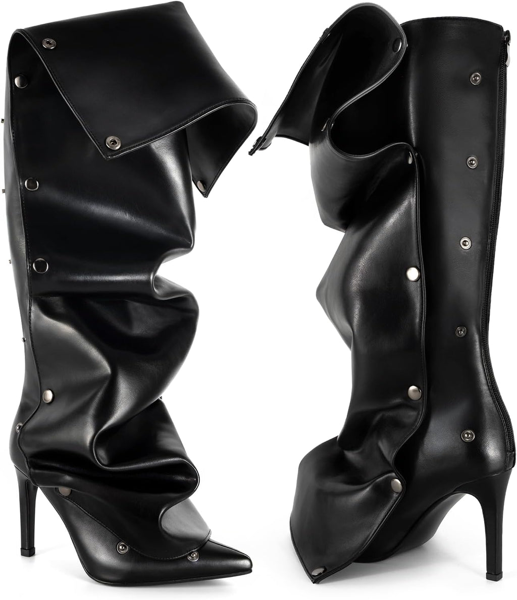 Women's Knee High Shark Boots Pointed Toe High Heels Ruched Stiletto Slouchy Party Boots Detachable Snap-off Panel