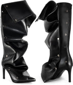 Women's Knee High Shark Boots Pointed Toe High Heels Ruched Stiletto Slouchy Party Boots Detachable Snap-off Panel