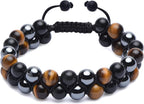 HASKARE Triple Protection Bracelet for Men - Genuine Tigers Eye Black Obsidian Hematite 8mm Natural Stone Beads Stretchy Healing Crystal Jewelry, Anxiety Relief Energy, Ideal for Dad Husband Christmas Birthday