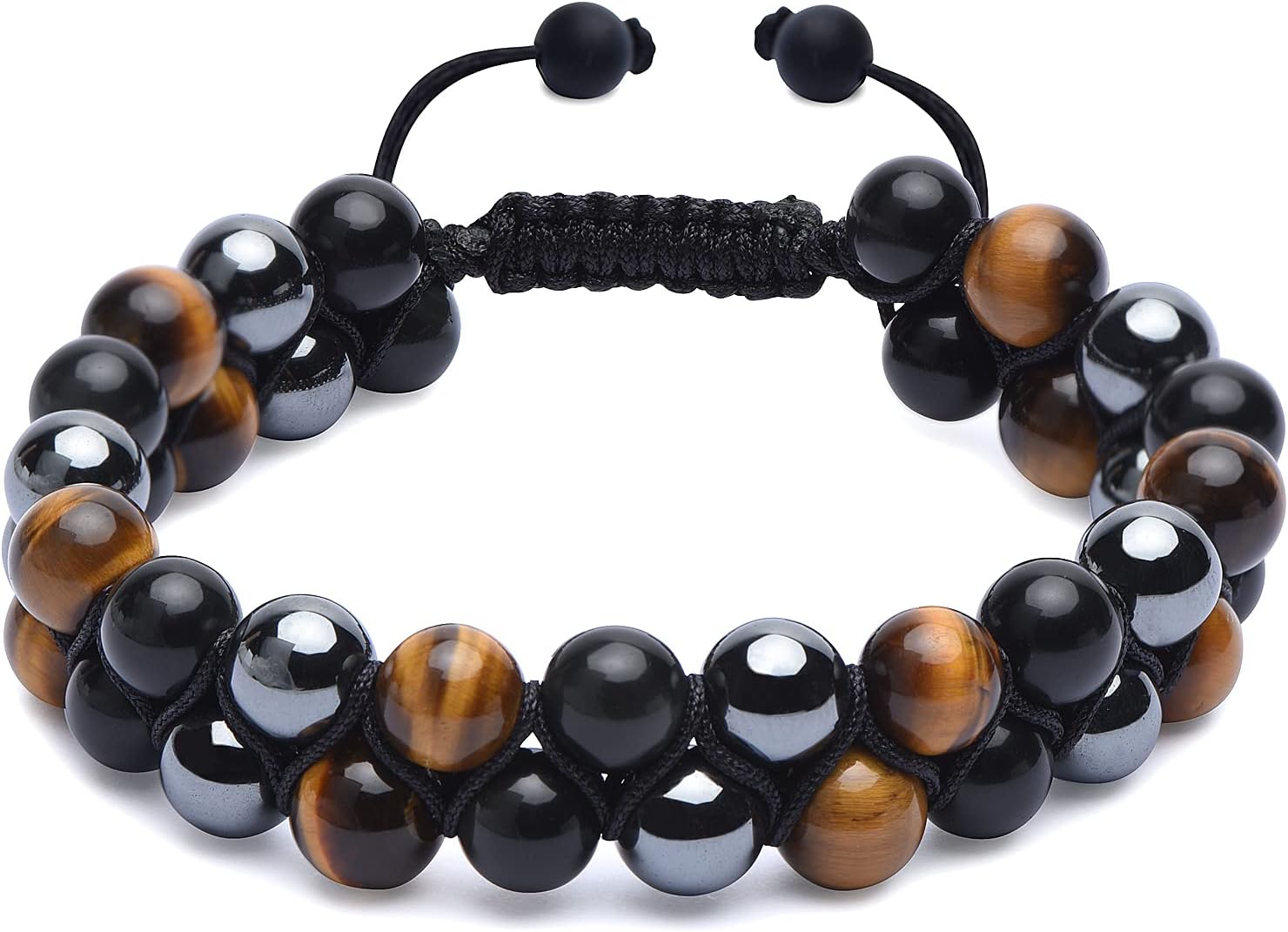 HASKARE Triple Protection Bracelet for Men - Genuine Tigers Eye Black Obsidian Hematite 8mm Natural Stone Beads Stretchy Healing Crystal Jewelry, Anxiety Relief Energy, Ideal for Dad Husband Christmas Birthday