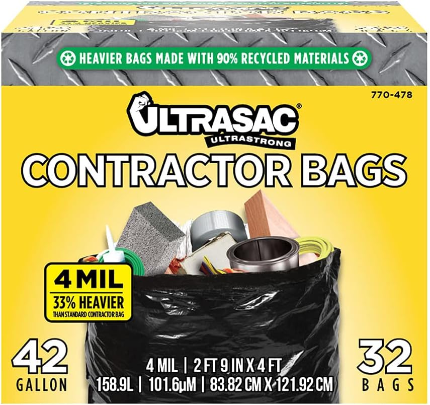 Ultrasac Extra Heavy Duty Contractor Bags - 42 gallons 4 Mil (32 Pack w/Ties) - 33" x 48" Extremely Thick and Tough Professional Trash Bag for Construction, Commerical, Industrial, Yard, Outdoor use