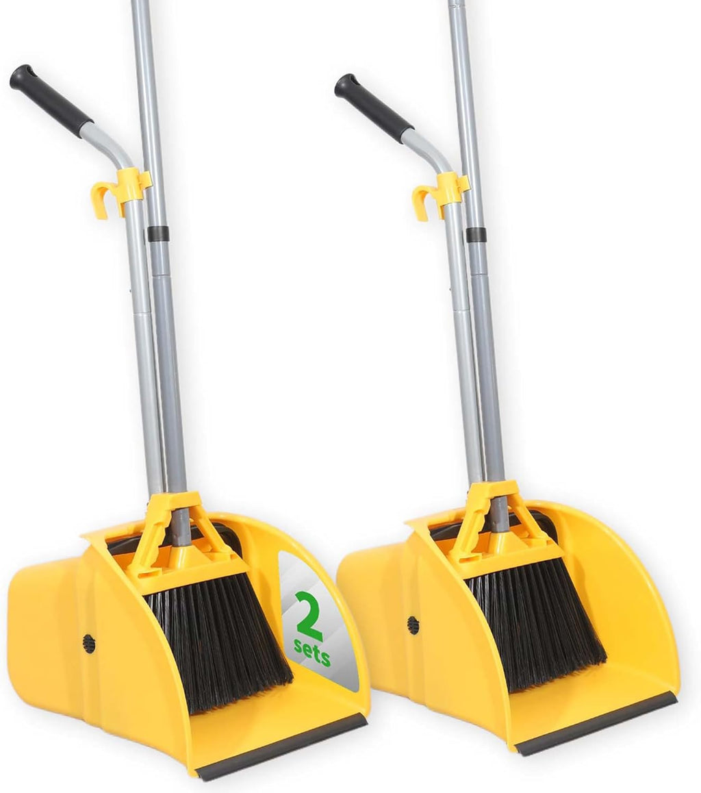 Commercial Broom and Dustpan Set Debris Dustpan with Handle,Jumbo Debris Pan, Trash Collection for Industrial/Professional Cleaning,2Sets, Yellow,Extra-Large Size