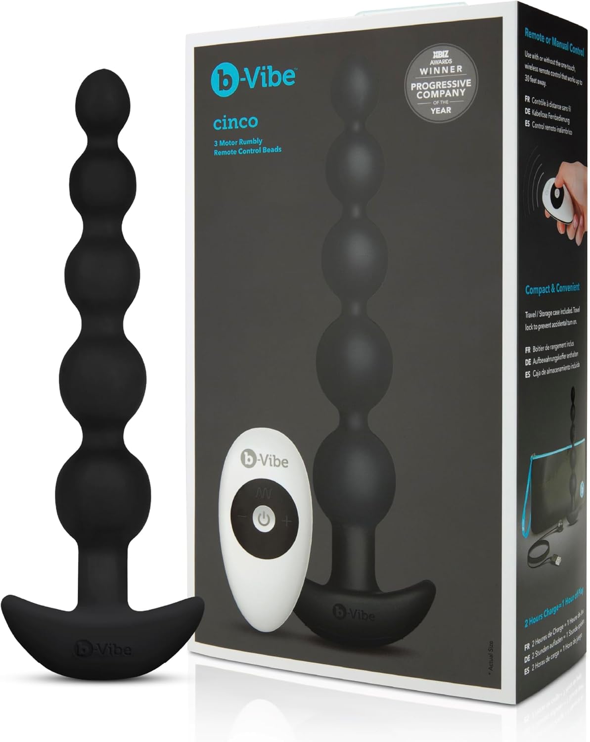 b-vibe Vibrating Anal Beads - Cinco Remote Control Butt Plug Beads Silicone Anal Toys - Black