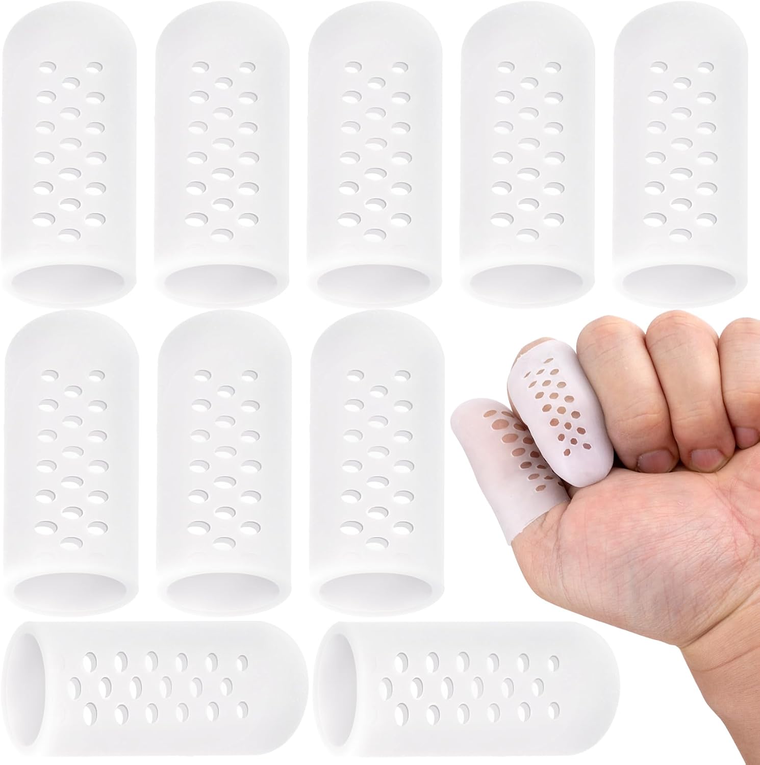 10pcs Gel Finger Sleeves, Breathable Silicone Finger Support Protectors, Gel Gloves Cover for Hands Cracking Trigger Finger Arthritis- White