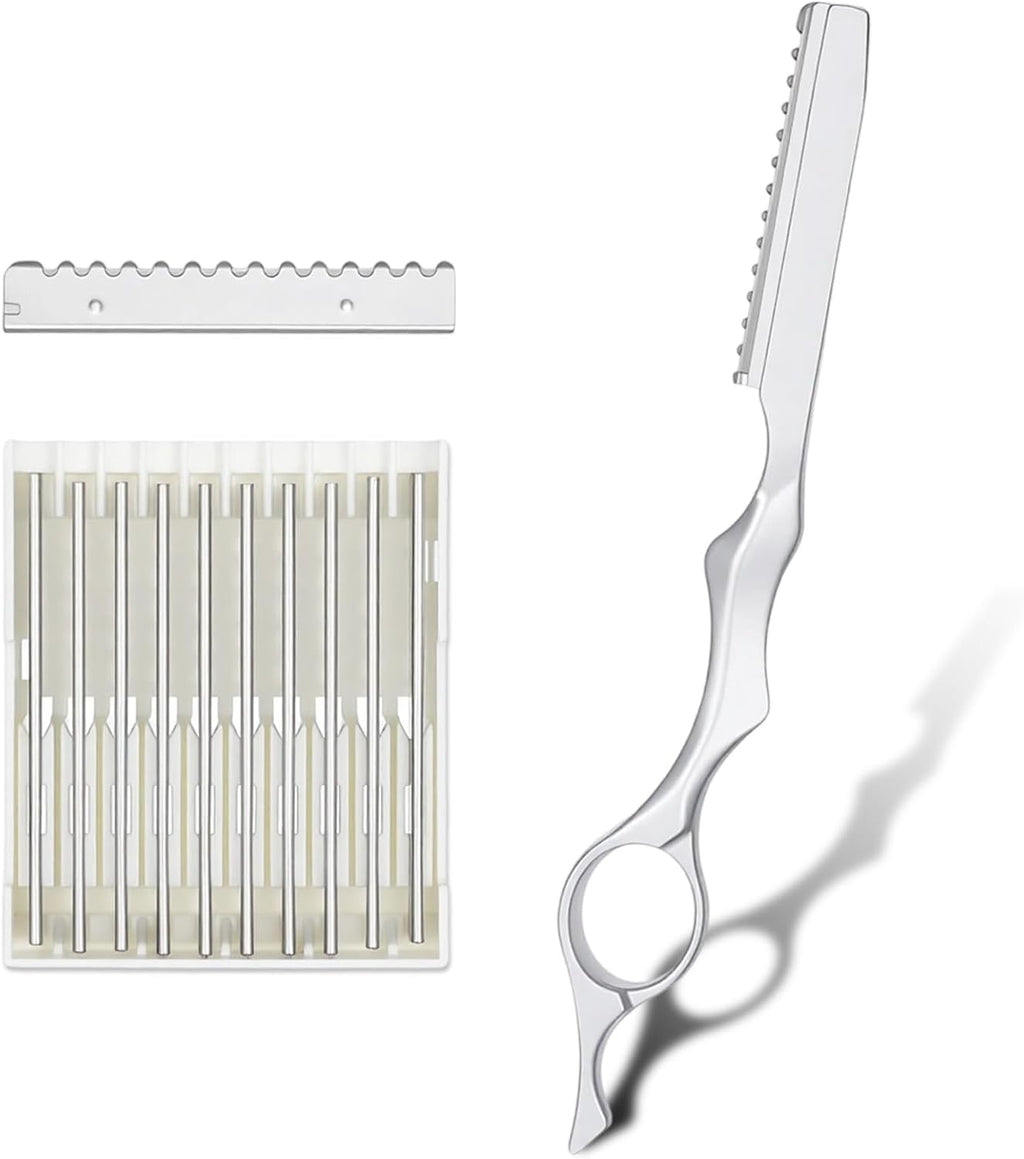 Hair Razors for Cutting Hair, 6.9" Stainless Steel Hair Thinning Razor Kit with 10Pcs Replacement Blades, Professional Styling Texturizing Cutting Razor Tool for Salon and Home