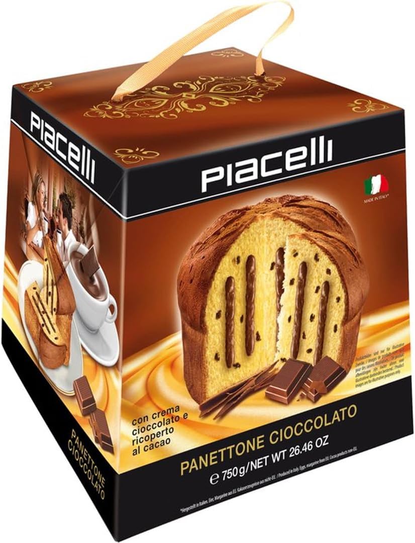 PIACELLI Authentic Italian Panettone Filled with Rich Chocolate Cream - Classic Panettone Directly Imported from Italy - Luxurious Holiday Cake Ideal for Christmas, & Special Celebrations - 750g