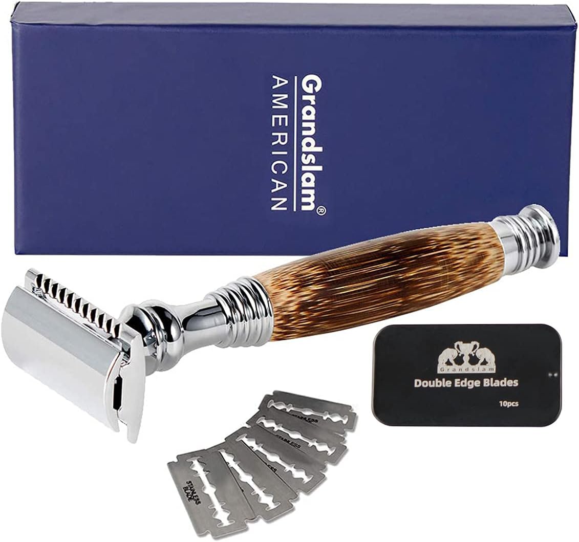 Grandslam Double Edge Safety Razor + 10 Blades Safety Razor with Handmade Long Natural Bamboo Handle Eco Friendly Safety Razors for Women/Men Ladies Shaver