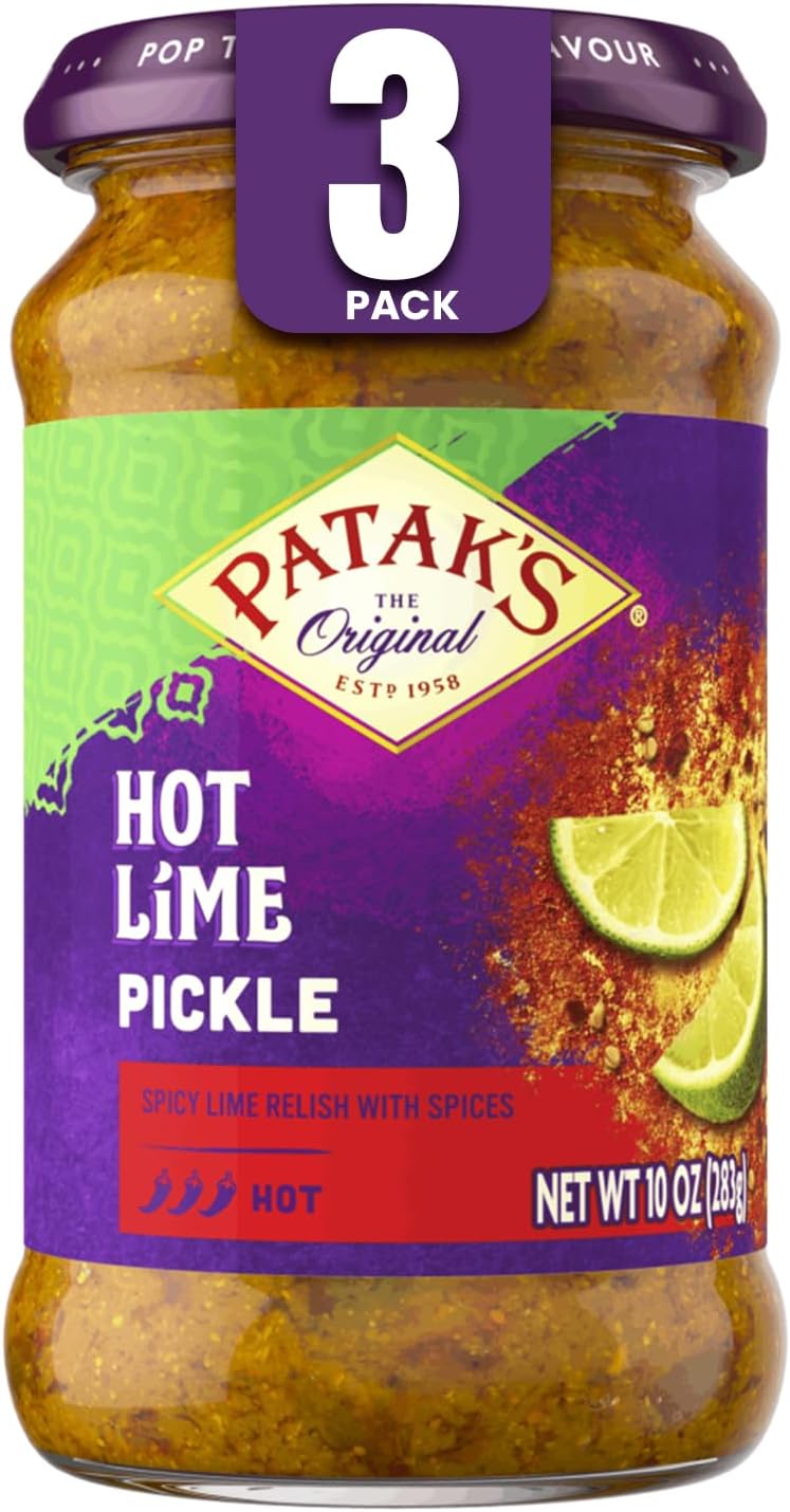 Patak’s Hot Lime Pickle - Authentic Indian Relish w/Lime Dices, Mustard Seeds & Aromatic Spices - Perfect for Sandwiches, Curries, Salads & Cold Meats - Vegan Spicy Pickle - 10oz Jar (Pack of 3)