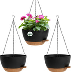 3 Pack 10 Hanging Flower Pots with Chains Self Watering Plastic Planters for Indoor Outdoor Plants, Sturdy Triangular Iron Chain Design for Garden PorchPlastic hanging flower pots (3, Black Brown)