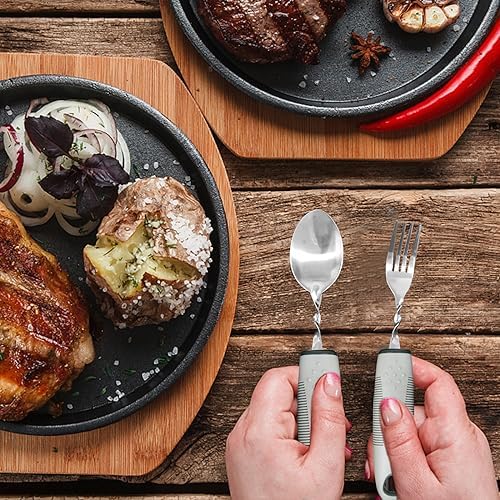 Adaptive Utensils for Elderly, Hand Tremors, Parkinsons & Handicapped | 3 Pack | Non-Slip Easy Grip Handles Right Handed Curved Spoon and Fork Set | Lightweight | Stainless Steel | Eat Independently