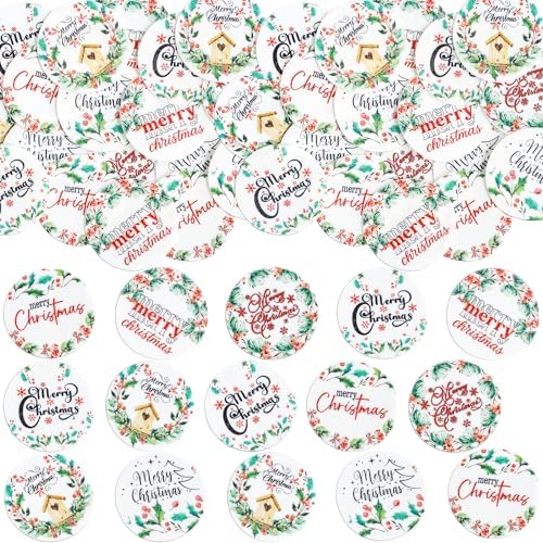 Ephlyn 48Pcs Edible Merry Christmas Cupcake Toppers Wafer Paper Round Cards Cupcake Drink Topper Picks for Celebrating Xmas Theme New Year Holiday Party Cake Decorations Supplies Green Red White