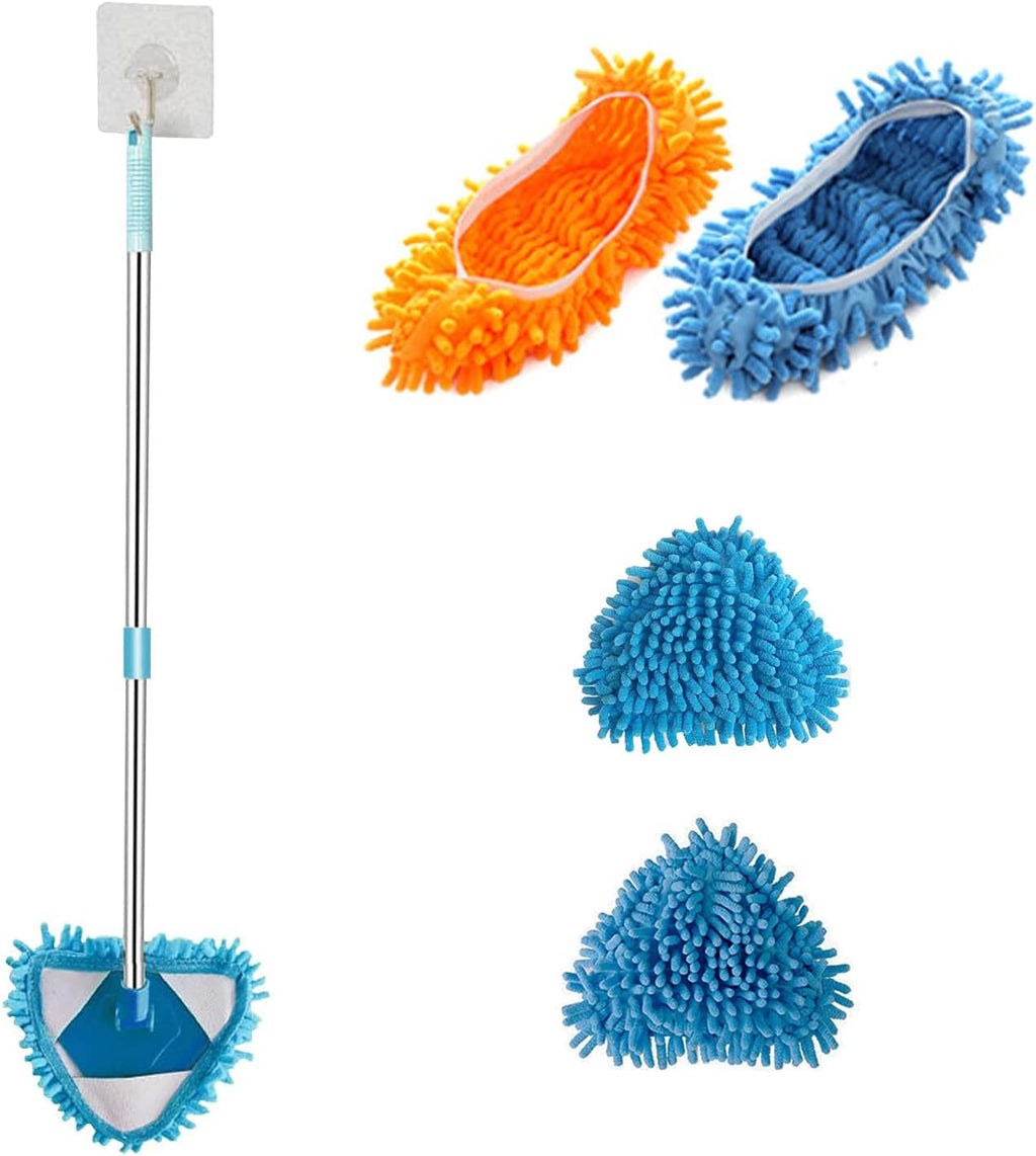 Triangle Cleaning Mop,Multifunctional 180 Degree Rotating Microfiber Strong Water Absorption,Used to Clean Roofs Walls Restroom Cars Bathroom,1 x mop +2 x Cloth Head + 2 Pairs of Slippers
