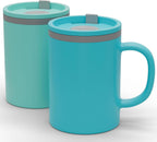 Copco Iconic 16oz Double Wall Insulated Desk Mug with Lid and Handle, Set of 2, BPA-Free Reusable Plastic, Spill-Proof, Microwave & Dishwasher Safe, Wide Mouth, Cup Holder Friendly (Aqua/Mint)