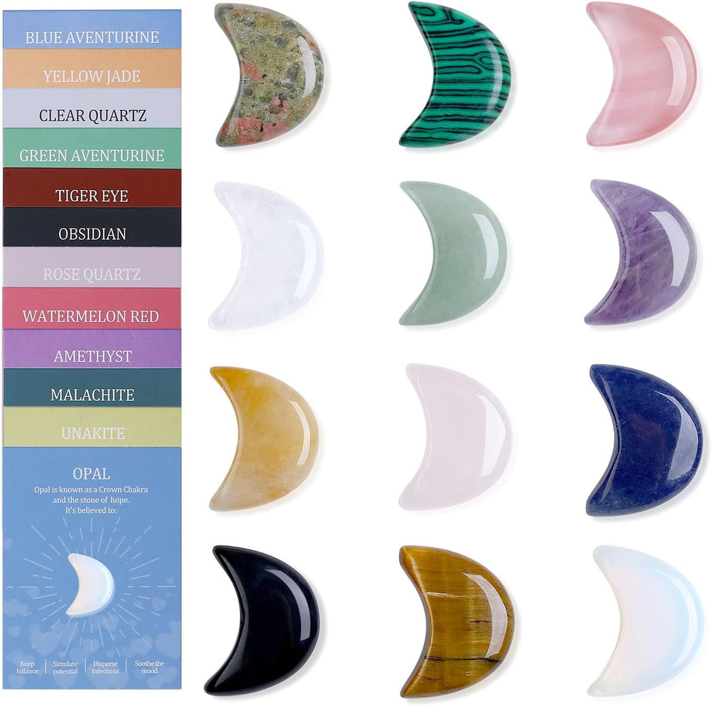 DUQGUHO Moon Stones and Healing Crystals 1 inch Moon Crystal Ornaments Set Energy Balancing Gemstones Meditation Polished Stone Christmas Ornaments Crystal Gifts for Women 12PCS