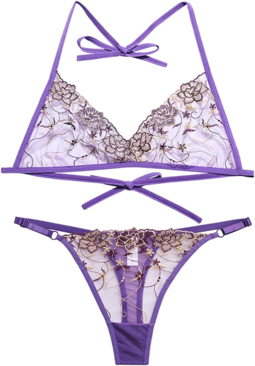 GRAYDREAM Women's Sexy Lingerie Cute Girl Mesh Embroidered Underwear French Lace Up Bra Panties Two-piece Set