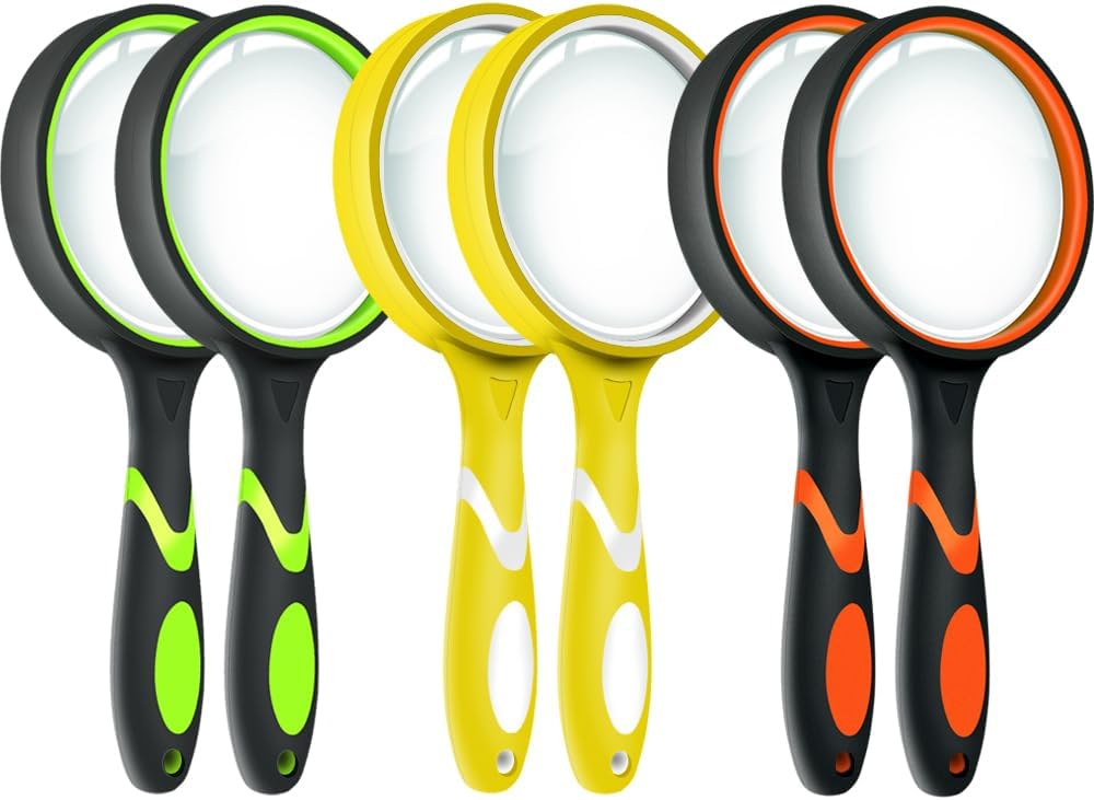 Leffis 6 Pack Magnifying Glass, 10X Non-Slip Handheld Reading Magnifier for Kids and Seniors, 75mm Magnifying Glass Lens for Reading, and Nature Exploration