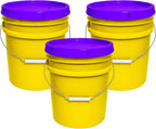 MKS Plastics 5-Gallon Bucket with Airtight Lid – Made in USA, Food Grade BPA Free Plastic, Heavy Duty Multi-Use, Metal Handle with Grip, Stackable Storage – Yellow, 3 Pack