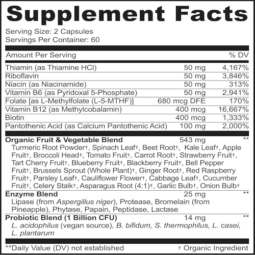 MoxyVites Vitamin B Complex - B Vitamins Whole Food Supplement, B12 Methylcobalamin, B1, B2, B3, B5, B6, B7, B9 - for Stress, Energy and Immune Support, Vegan, 120 Capsules