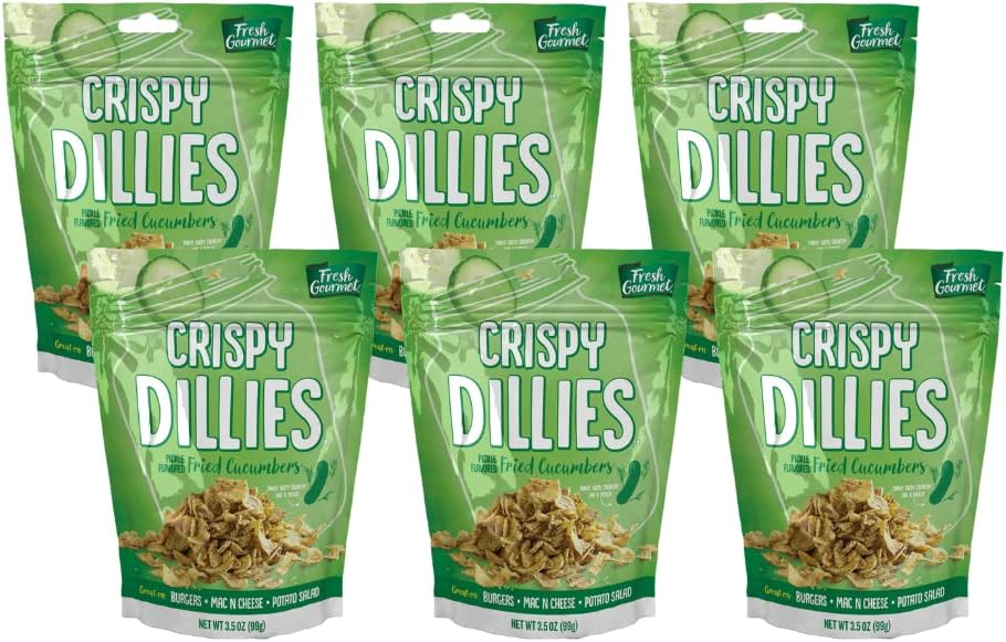 Fresh Gourmet Crispy Dillies Pickle Flavored Fried Cucumbers | 3.5 Ounce, Pack of 6 | Low Carb | Crunchy Snack and Sandwich Topper