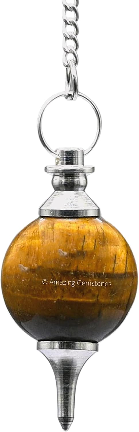 Amazing Gemstone Tiger Eye Crystal Ball Pendulum for Divination - Dowsing Pendulum Necklace with Chain and Quartz Bead for Reiki Healing and Crystal Grid Meditation