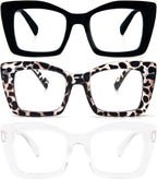 REAVEE Oversized Square Reading Glasses for Women, Blue Light Blocking Large Frame Computer Readers Spring Hinge