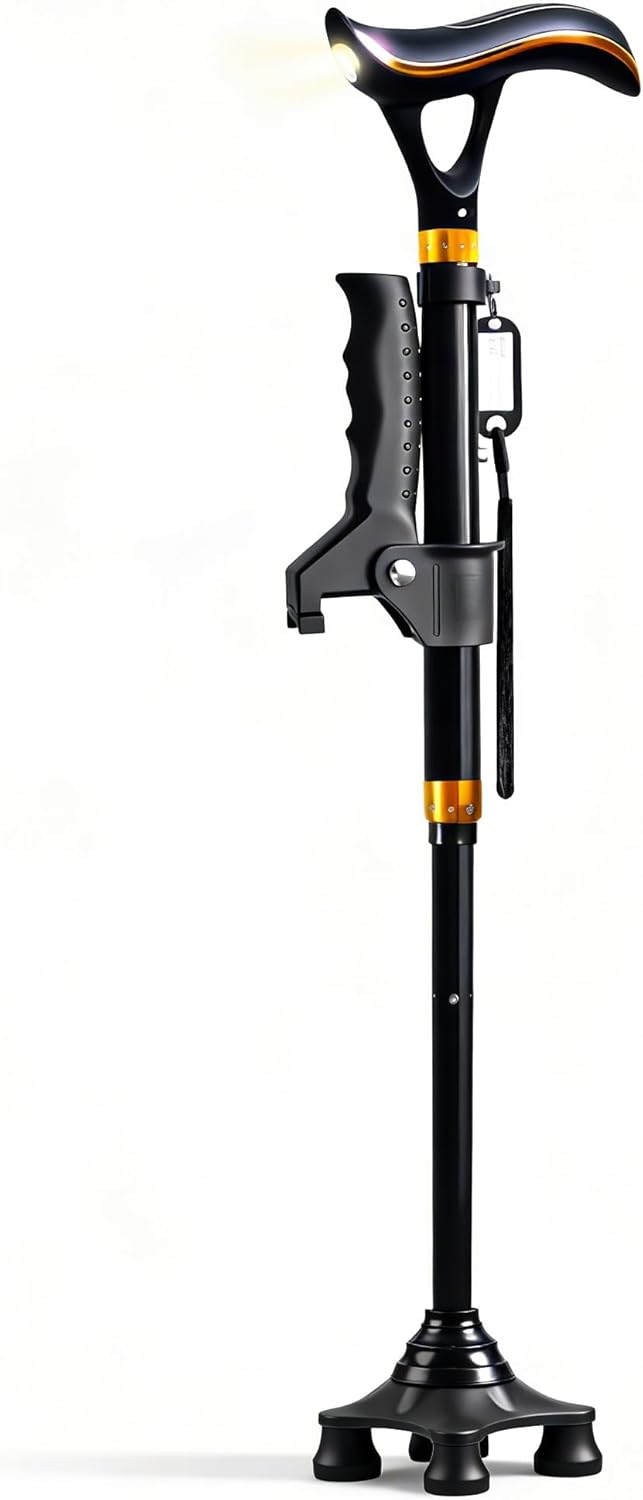 Smart Walking Cane for Men & Women with LED Light & Emergency Alarm, Foldable Adjustable Walking Stick, USB-C Rechargeable, Dual Handle Heavy Duty Mobility Aid for Seniors
